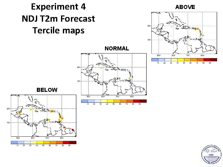 Experiment 4 NDJ T 2 m Forecast Tercile maps ABOVE NORMAL BELOW 