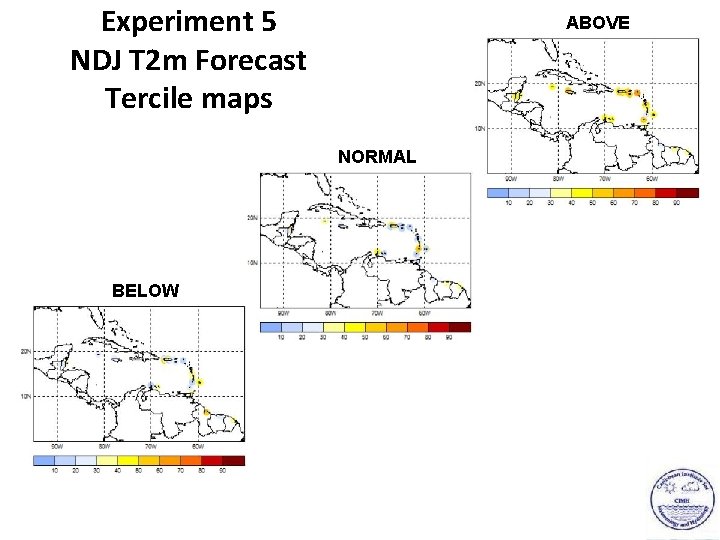 Experiment 5 NDJ T 2 m Forecast Tercile maps ABOVE NORMAL BELOW 