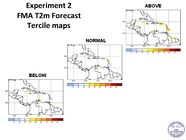 Experiment 2 FMA T 2 m Forecast Tercile maps ABOVE NORMAL BELOW 