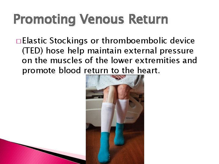 Promoting Venous Return � Elastic Stockings or thromboembolic device (TED) hose help maintain external Promoting Venous Return � Elastic Stockings or thromboembolic device (TED) hose help maintain external