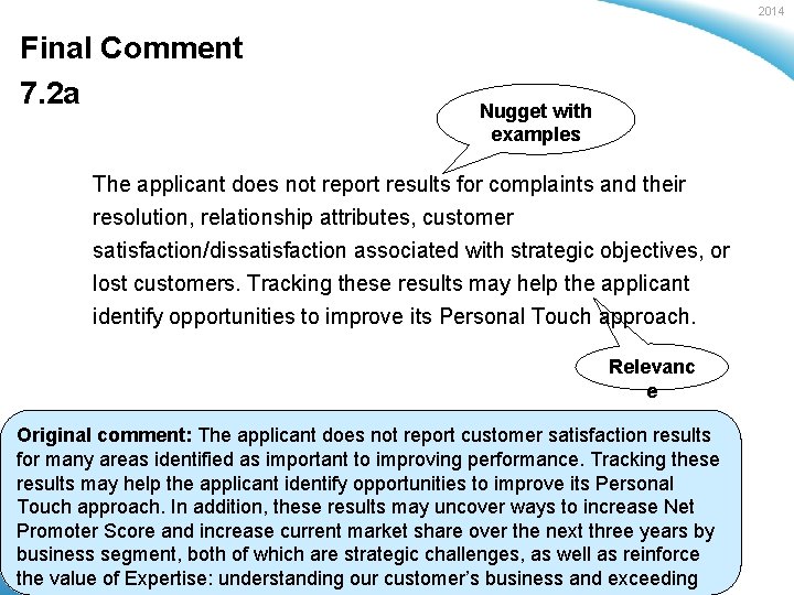 2014 Final Comment 7. 2 a Nugget with examples The applicant does not report