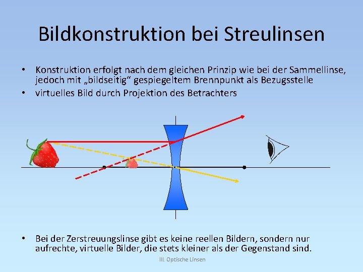 Bildkonstruktion bei Streulinsen • Konstruktion erfolgt nach dem gleichen Prinzip wie bei der Sammellinse,