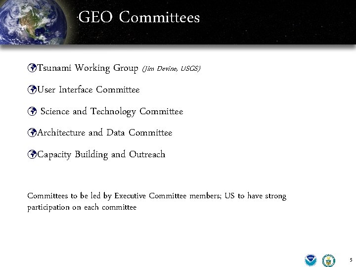 GEO Committees üTsunami üUser ü Working Group (Jim Devine, USGS) Interface Committee Science and