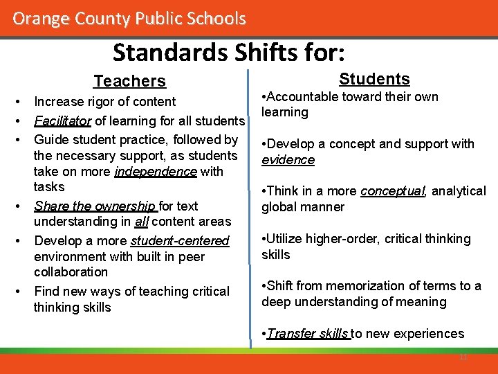 Orange County Public Schools Standards Shifts for: Teachers • • • Increase rigor of