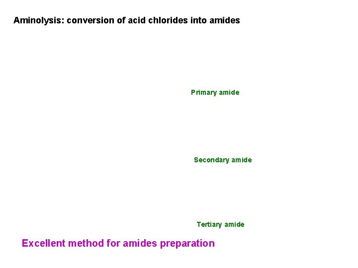 Aminolysis: conversion of acid chlorides into amides Primary amide Secondary amide Tertiary amide Excellent