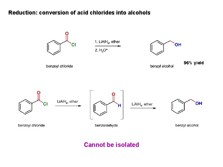 Reduction: conversion of acid chlorides into alcohols 96% yield Cannot be isolated 