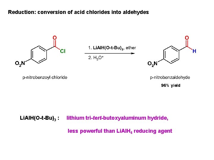 Reduction: conversion of acid chlorides into aldehydes 96% yield Li. Al. H(O-t-Bu)3 : lithium