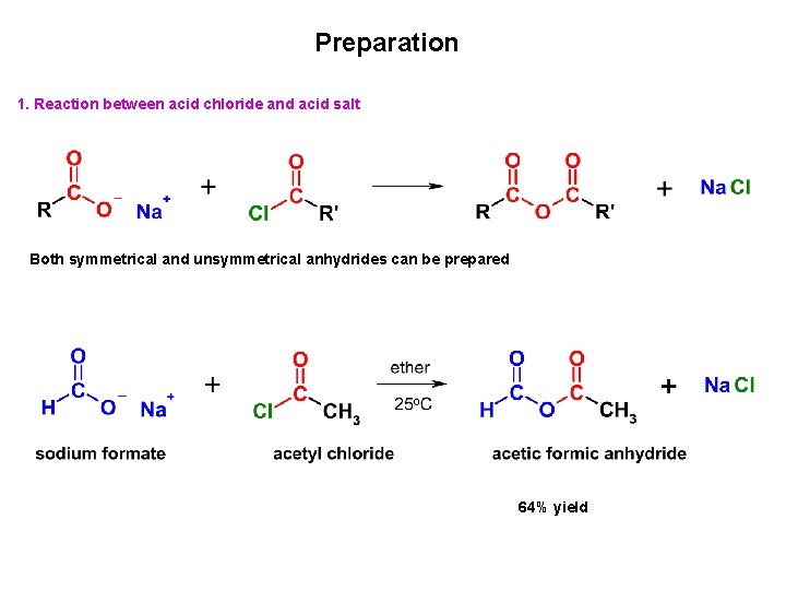 Preparation 1. Reaction between acid chloride and acid salt Both symmetrical and unsymmetrical anhydrides