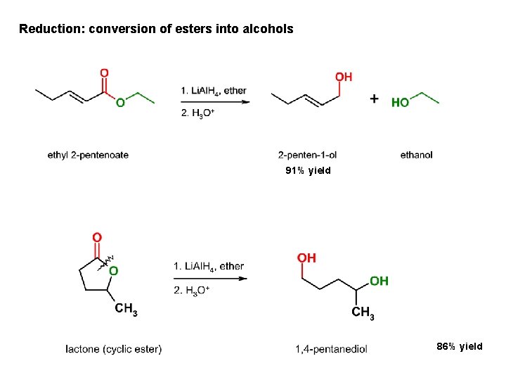 Reduction: conversion of esters into alcohols 91% yield 86% yield 