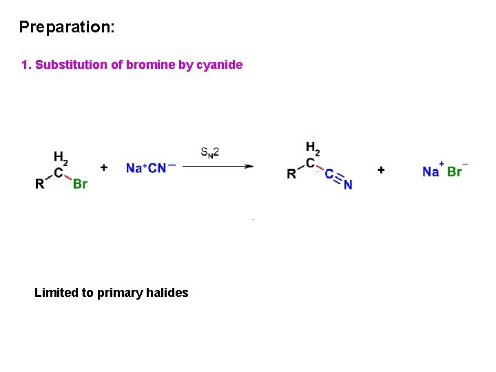 Preparation: 1. Substitution of bromine by cyanide Limited to primary halides 