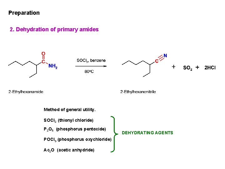 Preparation 2. Dehydration of primary amides Method of general utility. SOCl 2 (thionyl chloride)