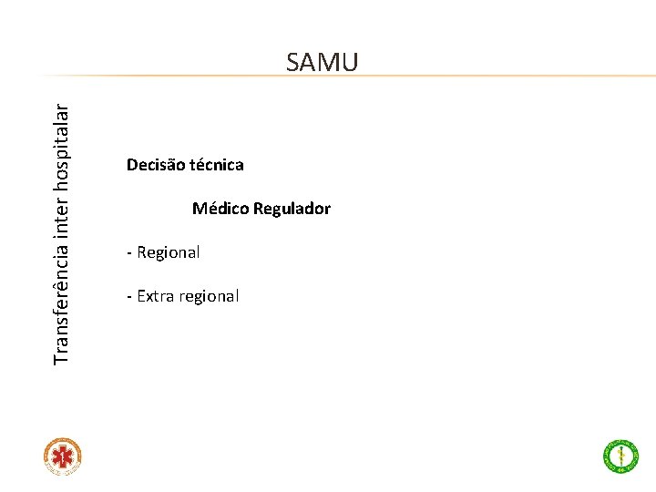 Transferência inter hospitalar SAMU Decisão técnica Médico Regulador - Regional - Extra regional 
