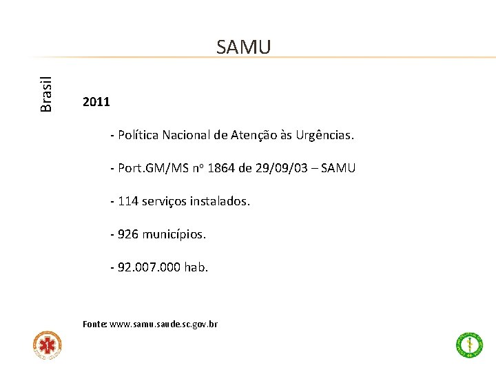 Brasil SAMU 2011 - Política Nacional de Atenção às Urgências. - Port. GM/MS no