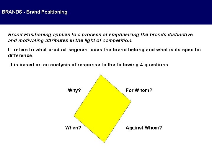 BRANDS - Brand Positioning applies to a process of emphasizing the brands distinctive and