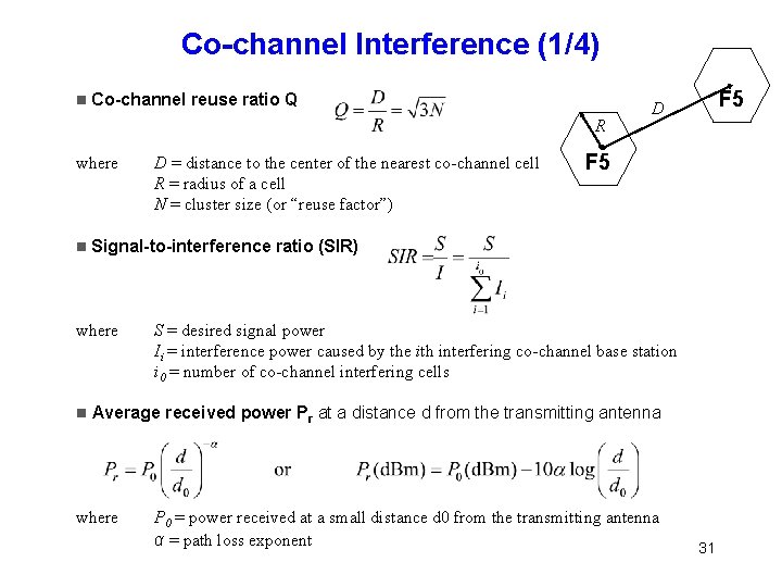 Co-channel Interference (1/4) Co-channel reuse ratio Q R where F 5 Signal-to-interference ratio (SIR)