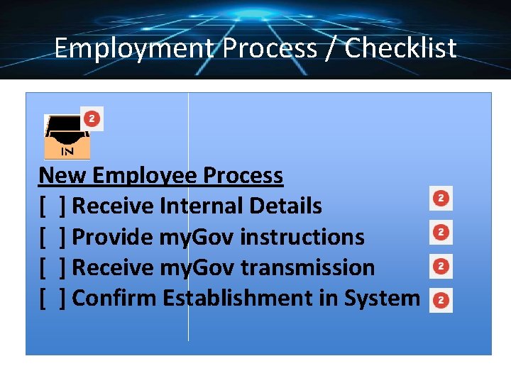 Employment Process / Checklist New Employee Process [ ] Receive Internal Details [ ]