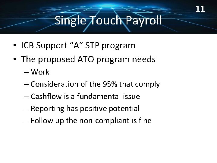 Single Touch Payroll • ICB Support “A” STP program • The proposed ATO program