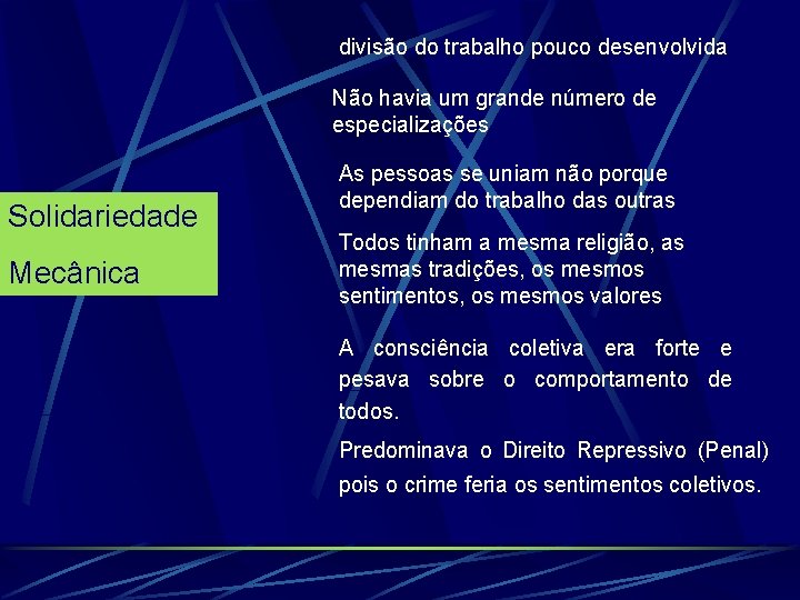 divisão do trabalho pouco desenvolvida Não havia um grande número de especializações Solidariedade Mecânica divisão do trabalho pouco desenvolvida Não havia um grande número de especializações Solidariedade Mecânica