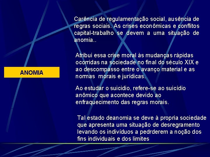 Carência de regulamentação social, ausência de regras sociais. As crises econômicas e conflitos capital-trabalho