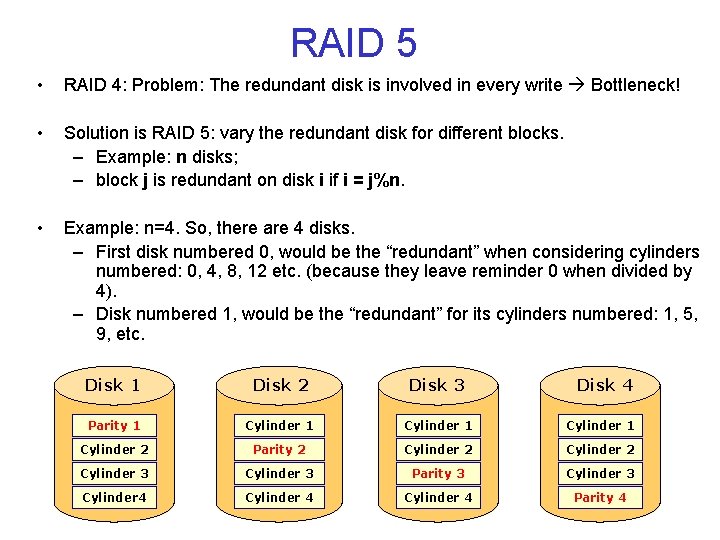 RAID 5 • RAID 4: Problem: The redundant disk is involved in every write