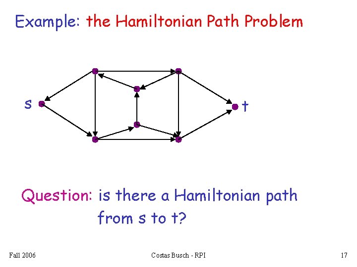 Example: the Hamiltonian Path Problem s t Question: is there a Hamiltonian path from