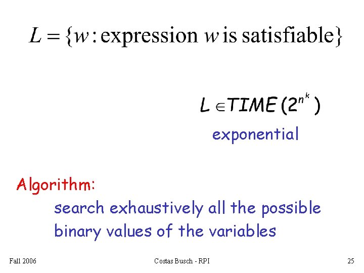 exponential Algorithm: search exhaustively all the possible binary values of the variables Fall 2006