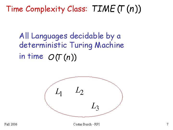 Time Complexity Class: All Languages decidable by a deterministic Turing Machine in time Fall