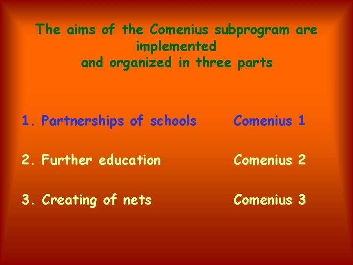 The aims of the Comenius subprogram are implemented and organized in three parts 1.
