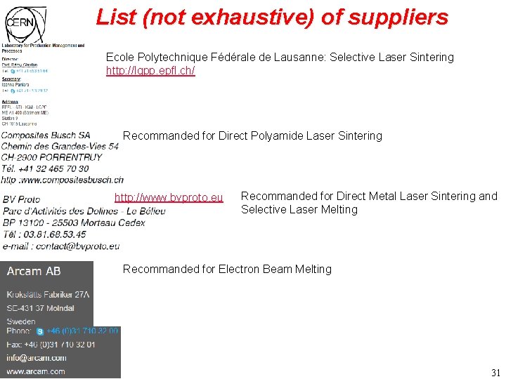 List (not exhaustive) of suppliers Ecole Polytechnique Fédérale de Lausanne: Selective Laser Sintering http: