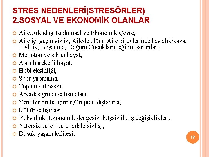 STRES NEDENLERİ(STRESÖRLER) 2. SOSYAL VE EKONOMİK OLANLAR Aile, Arkadaş, Toplumsal ve Ekonomik Çevre, Aile