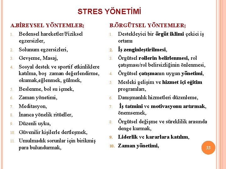 STRES YÖNETİMİ A. BİREYSEL YÖNTEMLER; B. ÖRGÜTSEL YÖNTEMLER; 1. Bedensel hareketler/Fiziksel egzersizler, 1. Destekleyici