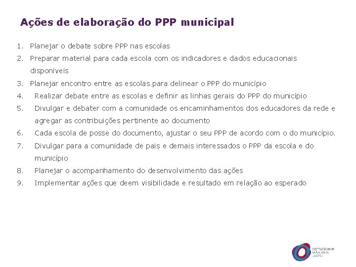 Ações de elaboração do PPP municipal 1. Planejar o debate sobre PPP nas escolas