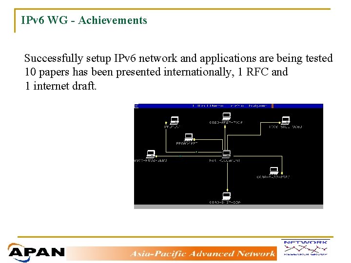 IPv 6 WG - Achievements FSuccessfully setup IPv 6 network and applications are being