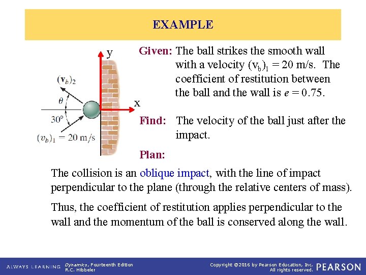 EXAMPLE y Given: The ball strikes the smooth wall with a velocity (vb)1 =