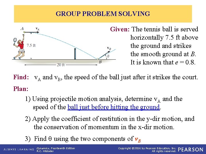 GROUP PROBLEM SOLVING Given: The tennis ball is served horizontally 7. 5 ft above