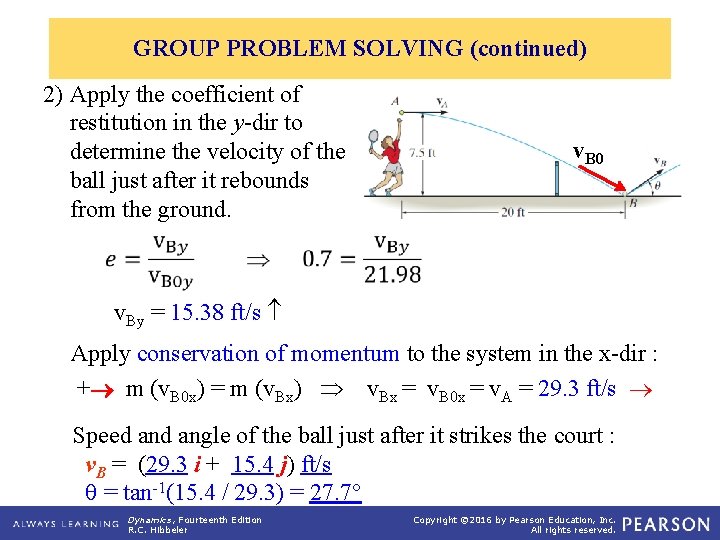 GROUP PROBLEM SOLVING (continued) 2) Apply the coefficient of restitution in the y-dir to