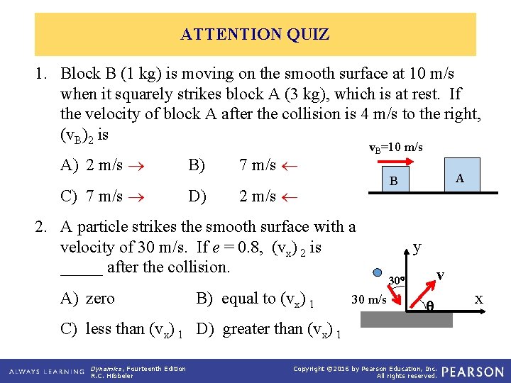 ATTENTION QUIZ 1. Block B (1 kg) is moving on the smooth surface at