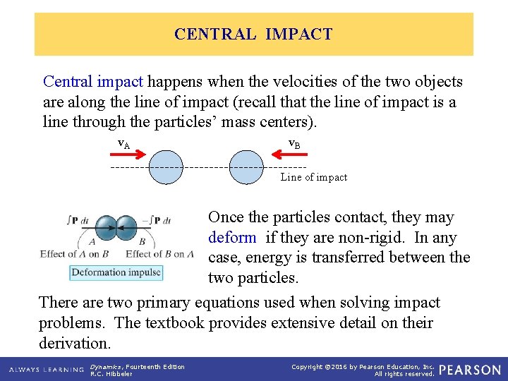 CENTRAL IMPACT Central impact happens when the velocities of the two objects are along