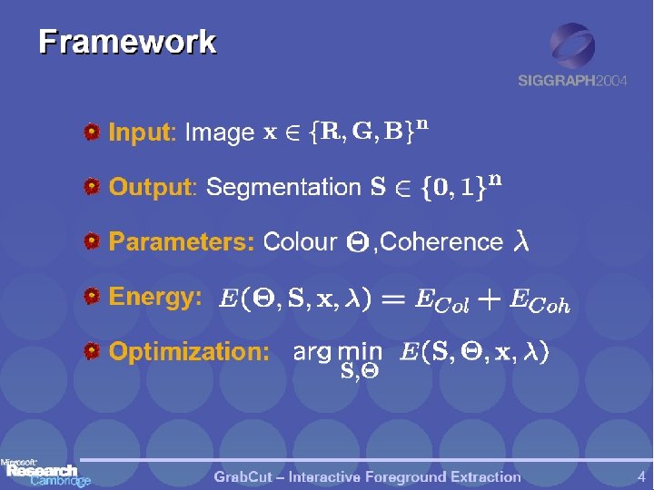 Framework Input: Image Output: Segmentation Parameters: Colour , Coherence Energy: Optimization: Grab. Cut –