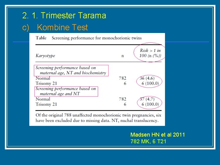 2. 1. Trimester Tarama c) Kombine Test Madsen HN et al 2011 782 MK,