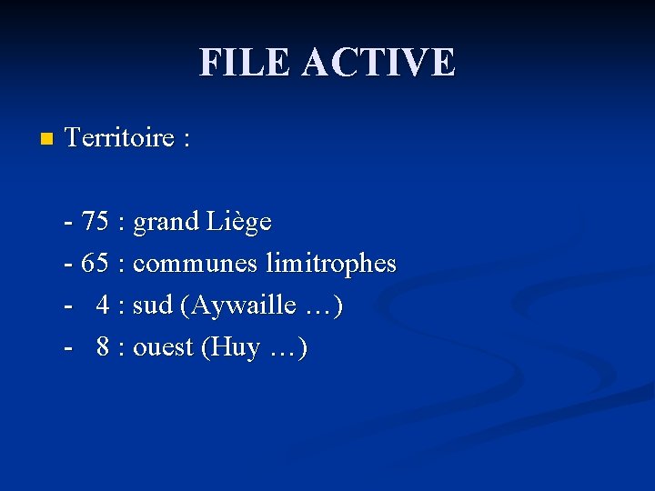 FILE ACTIVE n Territoire : - 75 : grand Liège - 65 : communes