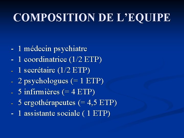 COMPOSITION DE L’EQUIPE - 1 médecin psychiatre - 1 coordinatrice (1/2 ETP) - 1