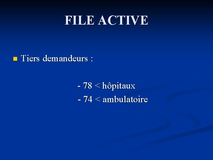 FILE ACTIVE n Tiers demandeurs : - 78 < hôpitaux - 74 < ambulatoire FILE ACTIVE n Tiers demandeurs : - 78 < hôpitaux - 74 < ambulatoire