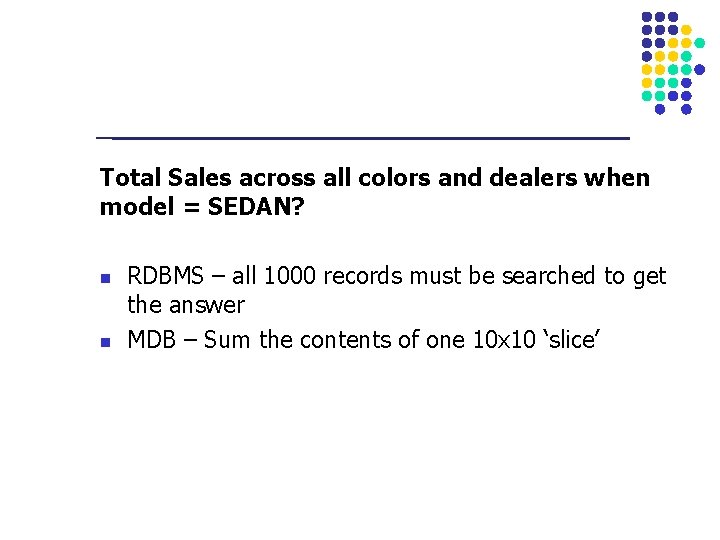 Total Sales across all colors and dealers when model = SEDAN? n n RDBMS