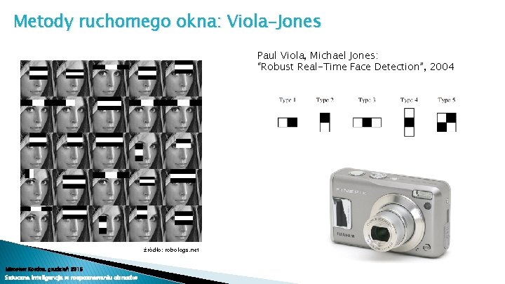 Metody ruchomego okna: Viola-Jones Paul Viola, Michael Jones: “Robust Real-Time Face Detection”, 2004 źródło: