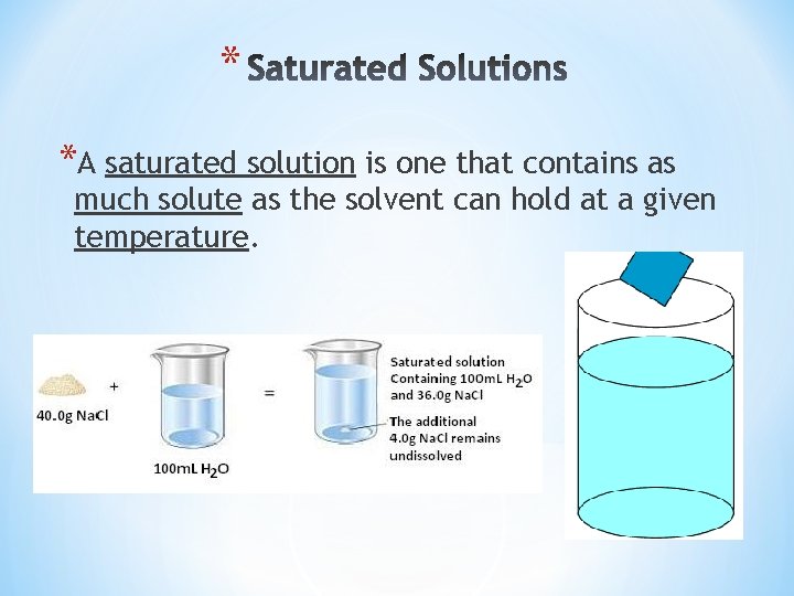 * *A saturated solution is one that contains as much solute as the solvent