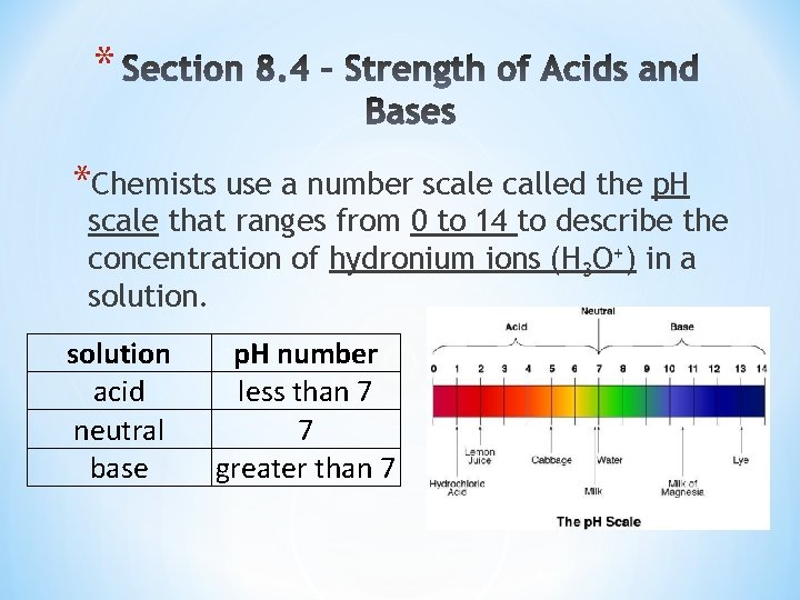 * *Chemists use a number scale called the p. H scale that ranges from