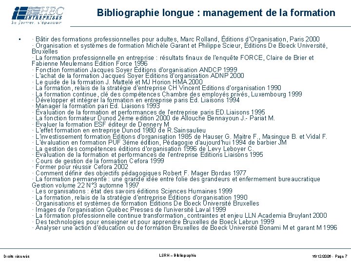 Bibliographie longue : management de la formation • Droits réservés · Bâtir des formations