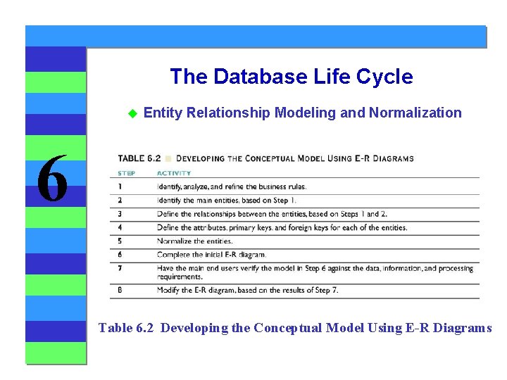 The Database Life Cycle u Entity Relationship Modeling and Normalization 6 Table 6. 2