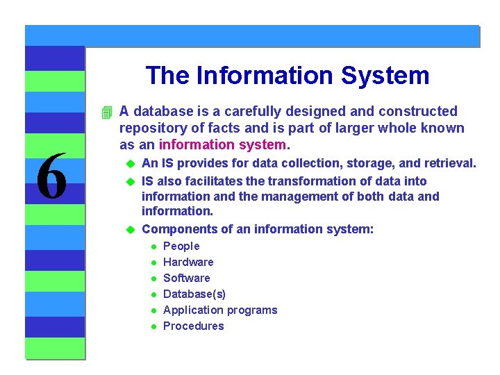 The Information System 6 4 A database is a carefully designed and constructed repository